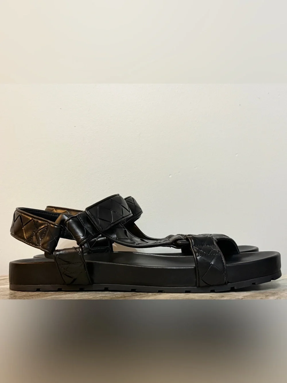 BOTTEGA VENETA TRIP SANDALS 45 / 12 $1200 BLACK INTRECCIATO WOVEN LEATHER TEVA